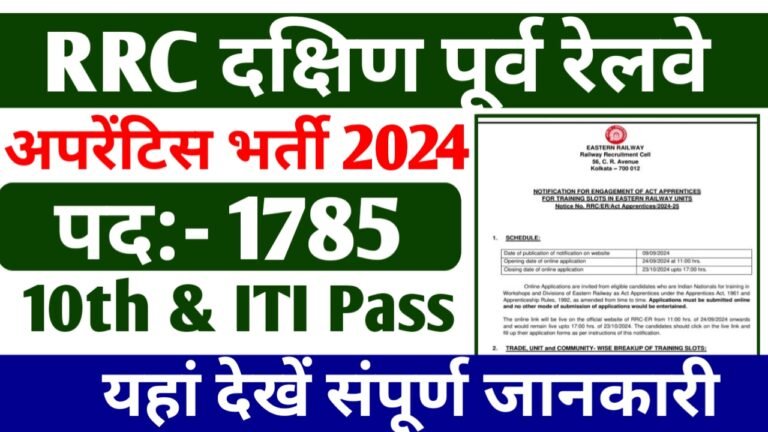 RRC SER Apprentice Recruitment 2024: 10th-ITI पास अभ्यर्थी के लिए साउथ ईस्टर्न रेलवे में अप्रेंटिस के 1785 पदों पर भर्ती, आवेदन शुरू